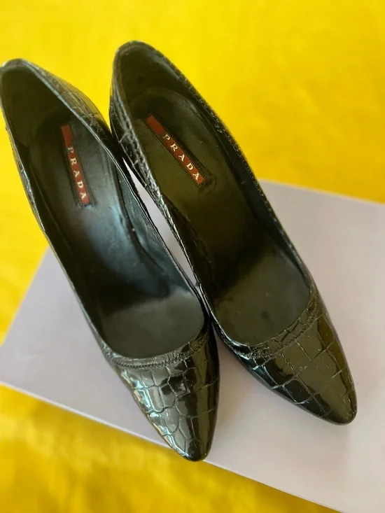 Prada Black Croc-Embossed Patent Leather Pointed Pumps - Picture 2 of 7